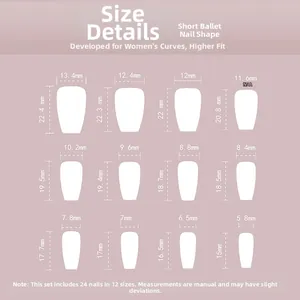 Size chart showing 12 dimensions for short ballerina press-on nails from 5.8mm to 13.4mm
