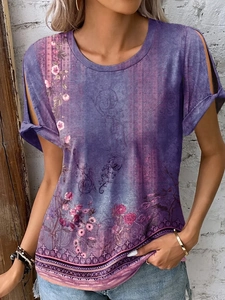 Women's vintage floral short sleeve t-shirt in lilac with unique hollow shoulder cutouts
