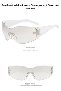 Detail of rimless Y2K star sunglasses with silver star studs on transparent frames
