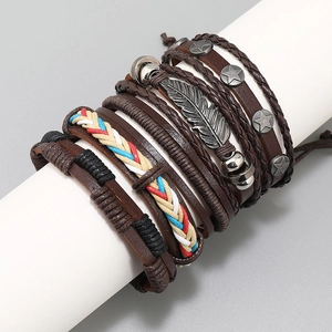 Five-piece multi-layer leather bracelet set with feather pendant and star rivets