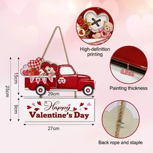 Valentine's Day wooden door sign with red pickup truck and heart balloon design hanging decor