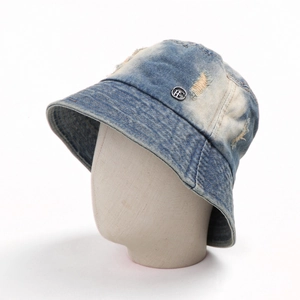 Washed Denim Bucket Hat With Distressed Hole Vintage Street Style Casual Sun Protection For Women