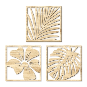 Lot de 3 décorations murales en bois bohème avec feuilles de palmier, hibiscus et monstera