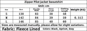 Size chart detail for zipper bomber jacket hoodie with precise measurements in cm