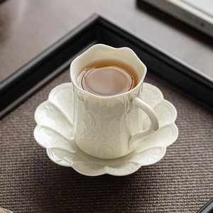 Embossed Ceramic Coffee Cup And Saucer Bamboo Joint Design Retro Porcelain Tea Cup Flower Petal Shape Peony Relief