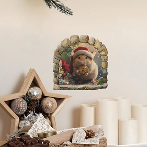 Macro view of 3D Christmas mouse hole wall sticker with hamster eating cookie on white wall