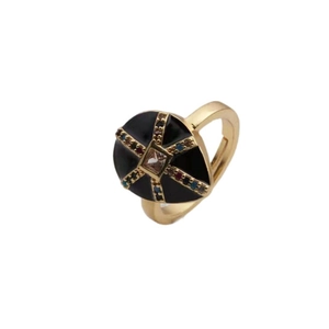 Gold plated ring with black enamel and colorful zircon stones in a teardrop design