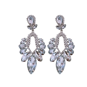 Elegant hollow teardrop crystal drop earrings in silver finish for weddings or parties