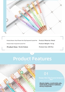 Detailed specs of crystal ballpoint pen with pearl flower clip and metallic finish