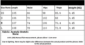 Size chart for satin top and pleated pants set with detailed measurements and fabric info