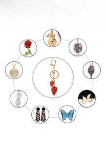 Detailed grid showing enamel strawberry keychain with CNC stone setting and laser cutting