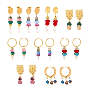 Golden earrings set with natural stones and pearls featuring various colorful designs