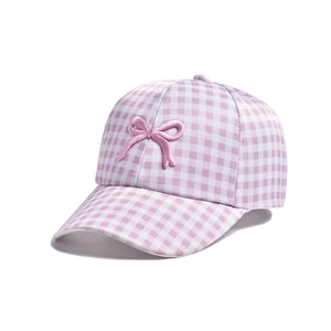 Detailed view of pink plaid sun hat for girls with a 3D bow and cotton fabric texture