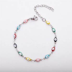 Colorful Evil Eye stainless steel charm bracelet with multi-color beads and lobster clasp