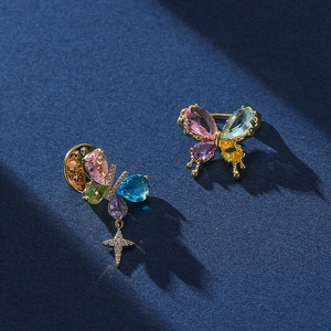 Butterfly Brooch With Colorful Rhinestone And Star Dangle Gold Plated Brass Jewelry Fashion Accessory For Women