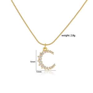 Detail view of 18K gold plated brass necklace with C-letter zircon pendant and dimensions