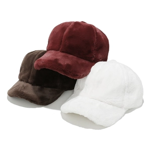 Plush faux fur baseball caps for women in burgundy, dark brown and white colors