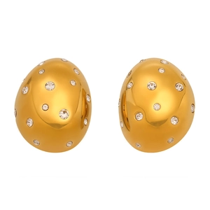 Polished gold oval stud earrings with sparkling white crystals on white background