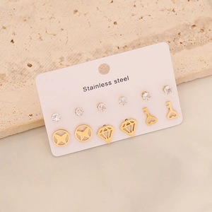 Detail view of 6 pairs gold stainless steel earrings with heart, butterfly and zircon
