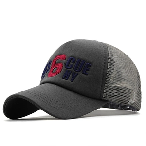 Retro charcoal grey mesh baseball cap with 3D embroidered S6 CUE NY logo on white background