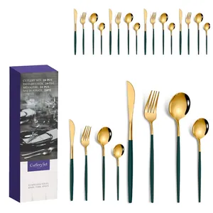 24-piece golden stainless steel cutlery set with matte dark green handles in a gift box
