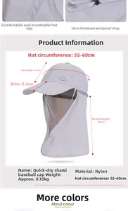 Detail view of light grey quick-dry sun hat showing neck flap and 8.5cm brim dimensions
