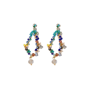 Vintage diamond-studded tassel earrings with colorful beads and crystal charms on white background