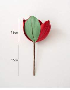 Detail of 12cm red fabric lotus flower showing realistic textile texture and stem size
