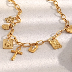 Vintage 18K gold-plated stainless steel necklace with cross and sun eye charms