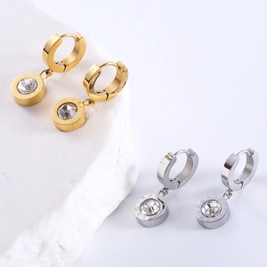 Stainless Steel Roman Numeral Dangle Huggie Hoop Earrings For Women With Zircon Inlay 18K Gold Plated Trend Accessory