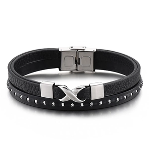 Mens black braided double-layer leather bracelet with 316L stainless steel cross clasp