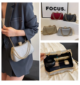 Collage of fashion clutch bag in four colors showing styling and interior capacity