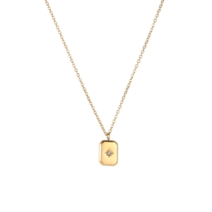 Minimalist titanium steel gold necklace with a rectangular starburst pendant and zircon