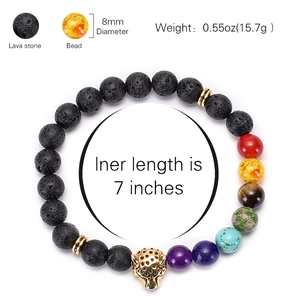 Lava stone chakra bracelet with 8mm natural beads and a golden leopard head accent