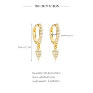 Detailed size measurement of S925 sterling silver gold dagger hoop earrings with zirconia