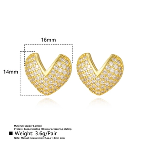 Detail view of 18k gold plated copper heart earrings with cubic zirconia and dimensions