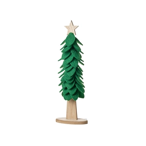 Miniature green felt Christmas tree desk ornament with wooden base and star topper decoration