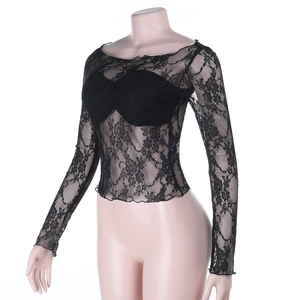 Close-up of black sheer floral lace top featuring intricate scallop edges and round neck