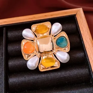 Cross Brooch Alloy Colorful Resin Gemstone White Faux Artificial Pearl Vintage Baroque Style Gold Plated Jewelry For Women