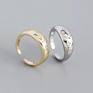 Retro S925 silver star and moon adjustable open rings with sparkling crystals
