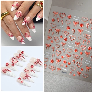 5D Christmas Candy Cane Nail Stickers Red White Embossed Heart Bow 3D Self-Adhesive Nail Decals For Festive DIY Nail Art Decoration