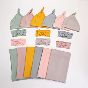 Newborn Swaddle Blanket Knot Hat And Bow Headband Soft Stretchy Knit Solid Color Anti Startle Wrap For Infants