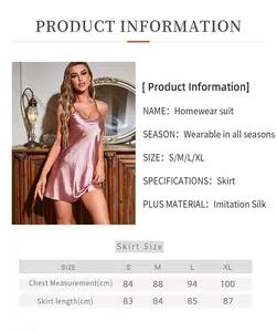 Size chart and product details for a pink imitation silk slip nightgown for women