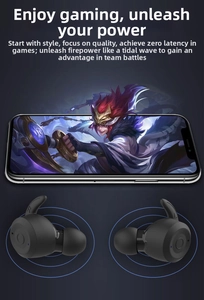 Detail showing black sports TWS earbuds with silicone ear hooks and low latency gaming feature