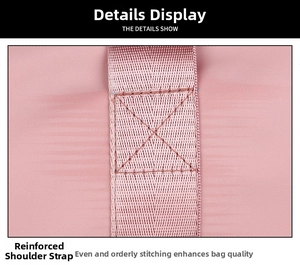 Macro view of reinforced shoulder strap stitching on pink foldable travel gym bag