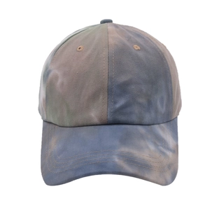 Tie-dye ponytail baseball cap with grey-blue cotton fabric and curved brim