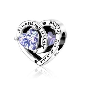 Macro shot of S925 silver heart charm with purple zircon and Always my mother engraving