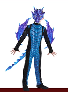 Front view of kids blue and purple dragon cosplay set with 3D mask, wings and tail