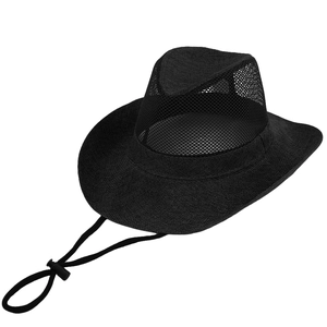 Men's wide-brimmed black mesh sun hat with breathable top and adjustable chin strap