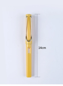 Detailed view of yellow fountain pen featuring iconic clip and 14cm length scale